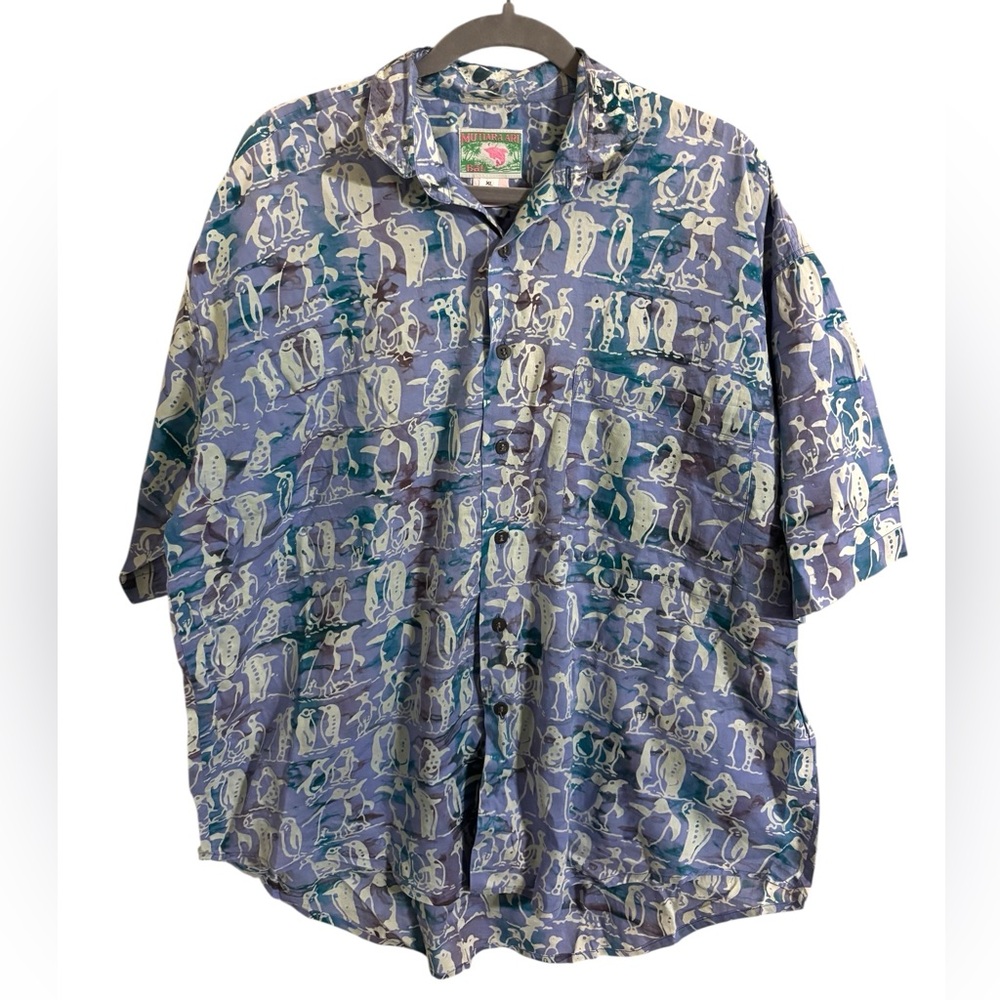 Mutiara Art Bali Blue Penguin Print Short Sleeve Button Up Shirt XL‎